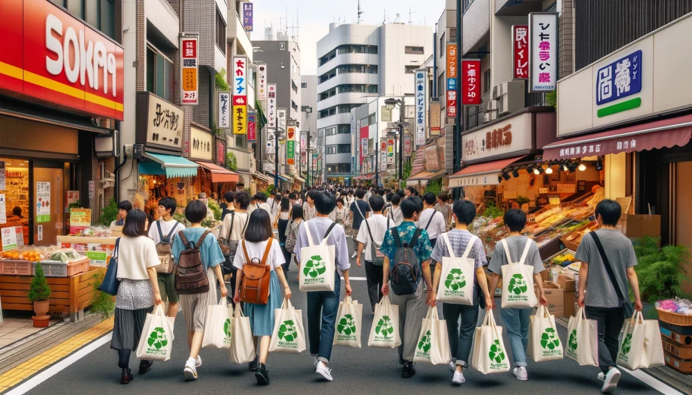 街でエコバッグを持っている人々