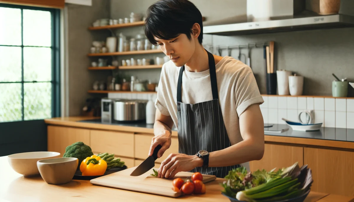 材料を切っている男性