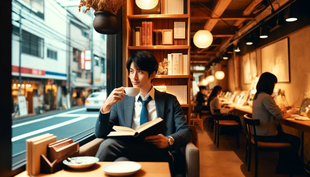 カフェで読書をしている男性