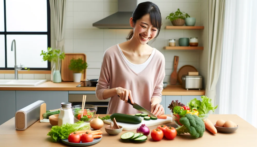 野菜を切っている女性