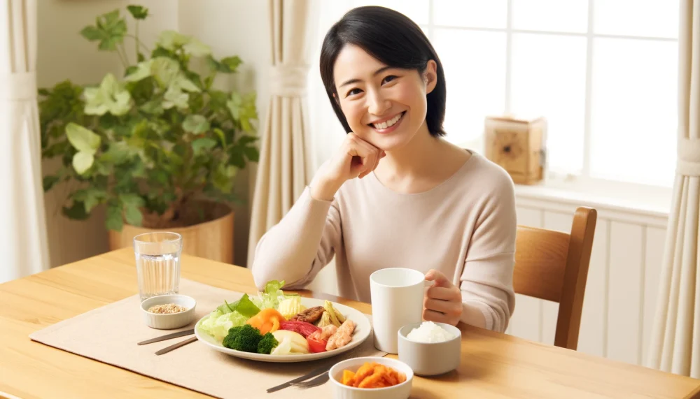 栄養バランスの良い食事を準備した女性